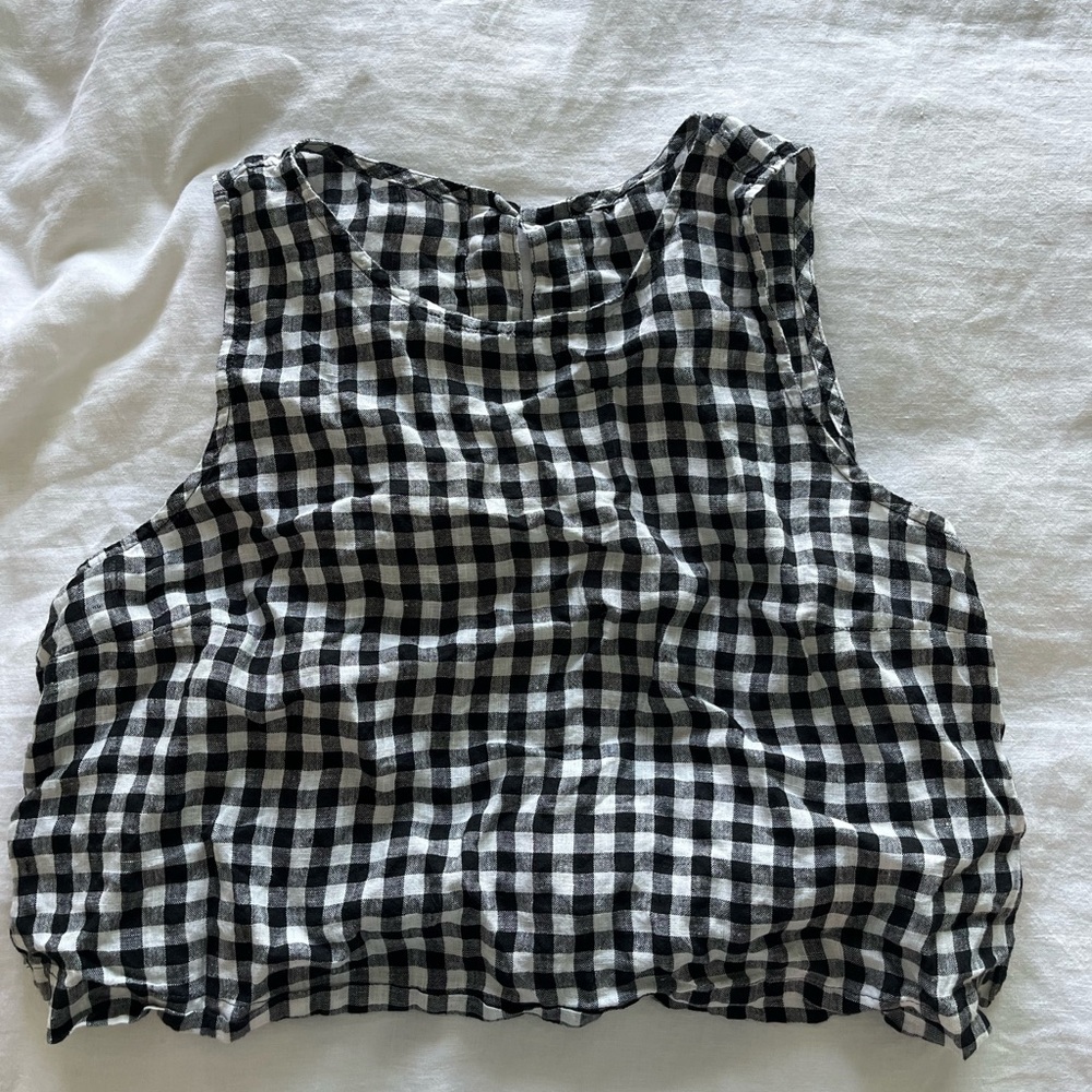 notPERFECTLINEN Black and White Gingham BAY cropped linen top